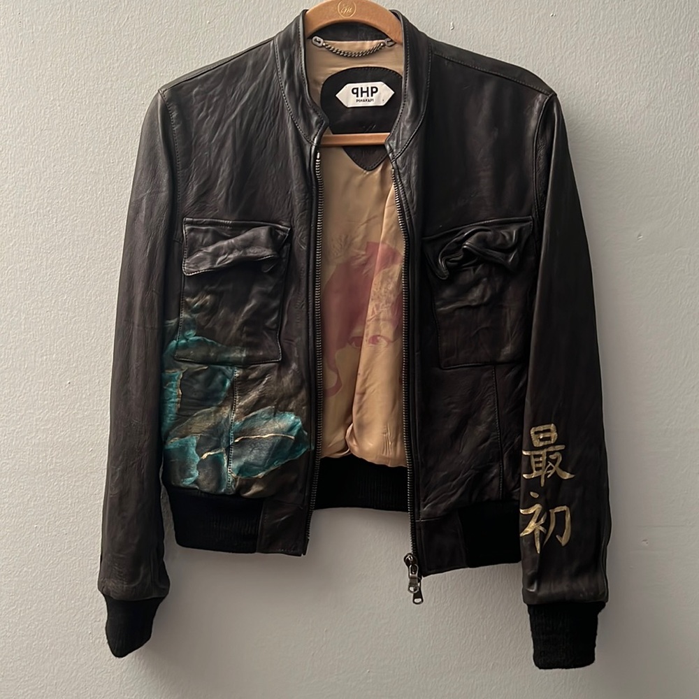 Pihakapi Hand Painted Black Biker Leather Jacket XS